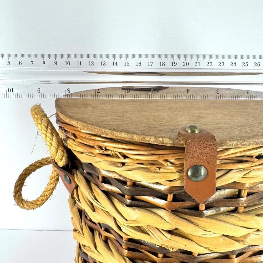 Vintage Wicker‎ Picnic Basket Round Lidded Rope Handle Leather Strap Latch